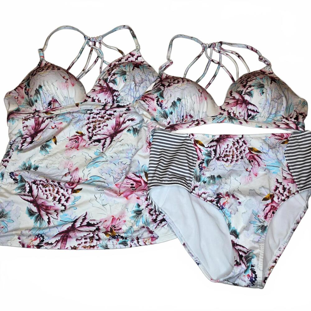 Athleta three piece multicolored Swimming set inclg tankini size M-Bottom L-top